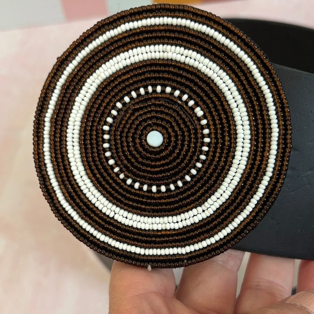 Elegant Brown Leather and Beaded Women's Belt